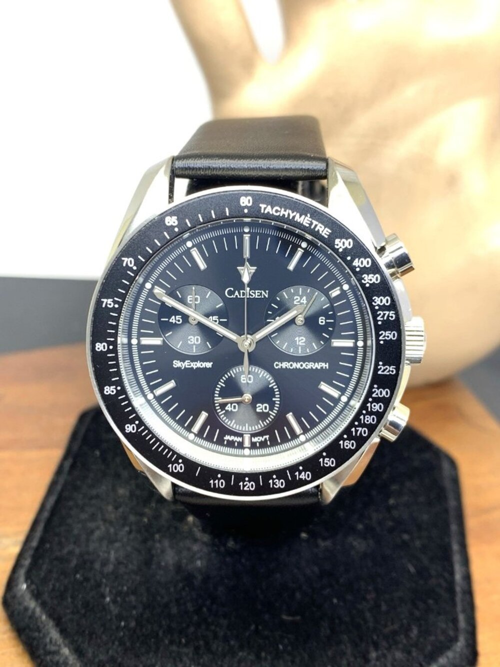 Cadisen Sky Explorer Mens Watch Quartz Chronograph Black Dial Leather Strap 40mm